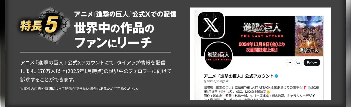 5つの特長5 アニメ『進撃の巨人』公式Xでの配信 世界中の作品のファンにリーチ アニメ『進撃の巨人』公式Xアカウントにて、タイアップ情報を配信します。170万人以上(2025年1月時点)の世界中のフォロワーに向けて訴求することができます。※案件の内容や時期によって配信ができない場合もあるためご了承ください。